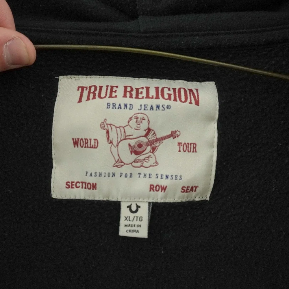 True Religion Zip Up Hoodie Mens XL Black World Tour Contrast Stitch
